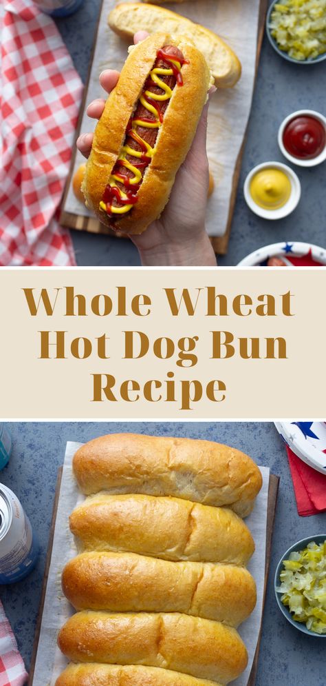 Say goodbye to store-bought and hello to homemade with these easy whole wheat hot dog buns! Packed with nutrients and flavor, these buns will be the star of your next cookout. Whole Wheat Hot Dog Buns, Hot Dog Bun Recipe, Homemade Hot Dog Buns, Hot Dog Buns Recipe, Hot Dog Bun, Hamburger Bun Recipe, Hot Dog Rolls, Whole Grain Flour, Hamburger Buns