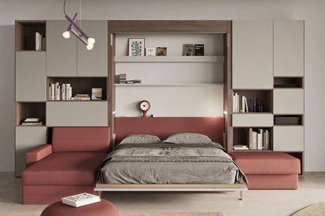 Double murphy bed with sofa Nobu | CLEVER Murphy Bed Videos, Double Folding Bed, Murphy Sofa Bed, Murphy Bed Tv Wall, Wall Bed Sofa, Murphy Bed Interior Design, Murphy Bed With Wardrobe, Murphy Bed Design Ideas, Murphy Bed Sofa Combo