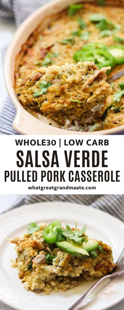 Use up leftover pulled pork to make this Salsa Verde Paleo Pulled Pork Casserole! You’ll love how flavorful and delicious it is, and it's kid-friendly as well. Pork Paleo Dinner Recipes, Pork Paleo Recipes, Leftover Pulled Pork Recipes Healthy, Healthy Pulled Pork Recipes, Whole 30 Pulled Pork, Whole30 Pulled Pork, Paleo Pulled Pork, Paleo Mediterranean, Pulled Pork Casserole