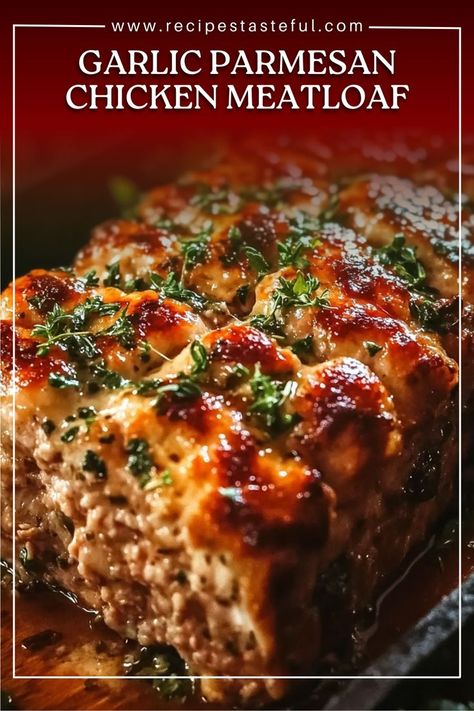 This Garlic Parmesan Chicken Meatloaf is a flavorful twist on the classic meatloaf. Made with ground chicken, mozzarella, and Parmesan, and topped with a cheesy, garlicky crust, it's a delicious and family-friendly meal that's sure to please everyone. Garlic Parm Meatloaf, Garlic Parmesan Meatloaf, Parmesan Chicken Meatloaf, Garlic Parm Chicken Meatloaf, Chicken Parm Meatloaf, Garlic Parmesan Chicken Meatloaf, Ground Chicken Keto Recipes, Ground Chicken Meatloaf Recipes, Garlic Parmesan Meatballs