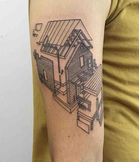 Tattoos Of Houses, Architecture Inspired Tattoo, Glass House Tattoo, Minimalist Architecture Tattoo, Tattoo Of House, Organized Chaos Tattoo, Green House Tattoo, Real Estate Tattoo, Shed Tattoo