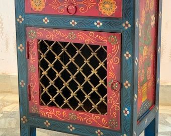 Embossed Painted Cupboard/wooden Hand Carved Cabinet/metal - Etsy Nightstand Unique, Metal Jali, Bohemian Nightstand, Jali Work, Unique Nightstand, Whimsical Painted Furniture, Painted Drawers, Wooden Bedside Table, Wooden Cabinet