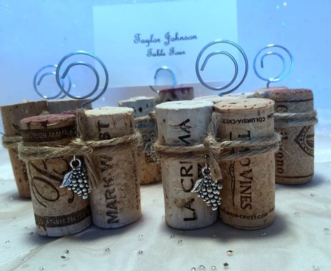 "Set of 10  These wine cork place card holders are sure to be a hit at your special gathering! From my treasured collection of wine corks gathered over the years, I have chosen a variety of wine corks with interesting names, logos, and brand marks (no really cheap wines!) to make into these fun place card holders. Each holder will be made with 3 different corks. Each holder will be unique, no two alike. You will receive 10 of these holders.  *Great for weddings, rehearsal dinners, parties, and w Wine Cork Place Card Holders, Cork Place Card Holders, Wine Cork Place Card Holder, Rustic Rehearsal Dinners, Table Numbers Wedding Rustic, Wine Event, Unique Party Favors, Menu Holders, Wine Table