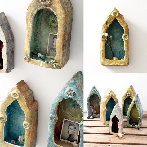 Handmade Paper Mache Shrine Cabinets on Behance Shrines Box, Shrines Art, Paper Mache Projects, Paper Mache Clay, Art Sacre, Paper Mache Art, Paper Mache Sculpture, Shadow Box Art, Paper Mache Crafts