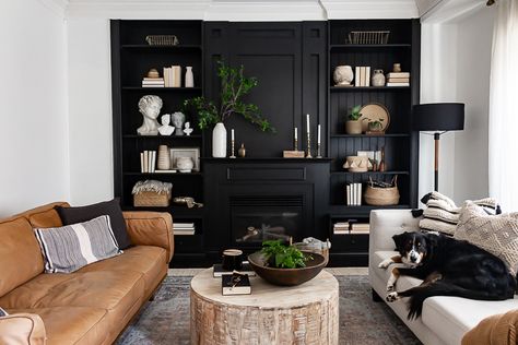 Built In Black Shelves, Black Accent Wall With Floating Shelves, Black Built Ins Fireplace, Black Bookcase Living Room, Black Bookcase Styling, Black Built In Bookcase, Black Built Ins Living Room, Black Book Shelves, Black Built Ins