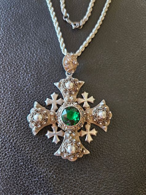 "Bulky and heavy Jerusalem cross in sterling silver.  The cross is 2.5 inches long with bail and 2 inches wide.  The Jerusalem cross is a 20 inch long sterling silver rope chain.  It can be worn by both men and women.  The cross is marked \"silver\" and \"900\"." Weird Accessories, Emerald Cross, Silver Jewelry Necklaces, Cross Jewelry Necklace, Silver Rope Chain, Rope Chain Necklace, Silver Jewelry Necklace, Jewelry Pendants, Dope Jewelry