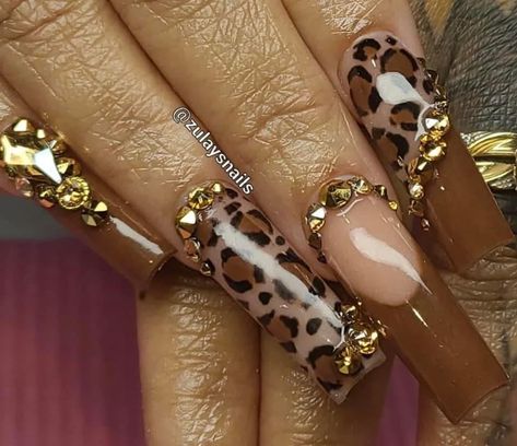 Brown Cheetah Nails, Nails With Bling, Cheetah Print Nails, S Nails, Cheetah Nails, Leopard Print Nails, Girly Acrylic Nails, Leopard Nails, Yay Or Nay