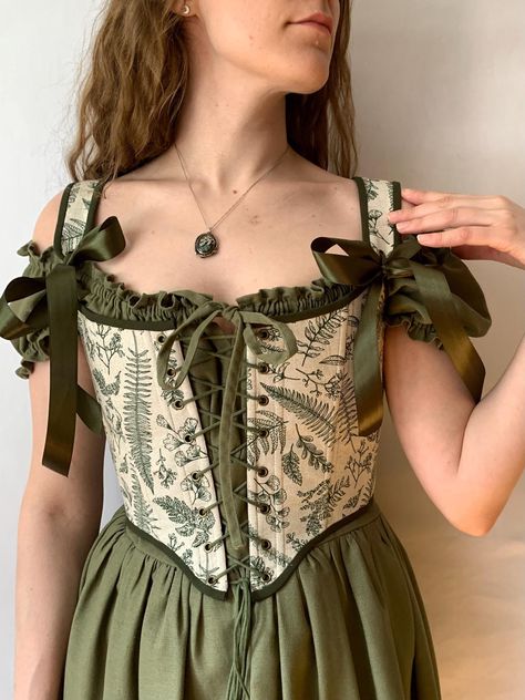 Brown Corset White Dress, Green Dirndl Dress, Vintage Outfits With Corset, Ren Fairy Costume, Woodland Nymph Costume, Corset With Pants, Layering Corset, Milkmaid Costume, Elfcore Outfits