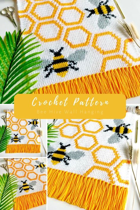 I am so excited to share my newest pattern The Bee Hive Wall Hanging! There are currently carpenter bees occupying my shed that, although have become super annoying, make great crochet inpsiration. #crochet #crochetpattern #crochetdesign #crochetaddict #crochetersofinstagram #springdecor #beedecor Crochet Wall Hanging Pattern, Wall Hanging Crochet, Crochet Wall Hanging, Spring Crochet, Wall Hanging Pattern, Hanging Crochet, Bee Free, Bee Wall, Crochet Wall Hangings