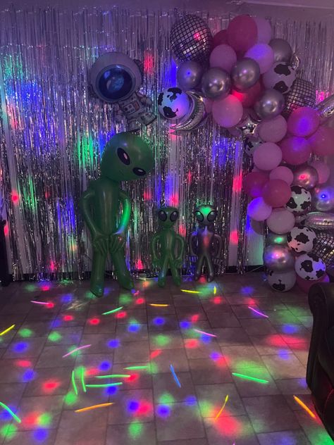 Space Disco Party Theme, Space Cowboy Party Theme Decor, Galaxy Cowgirl Party, Trippy Party Theme, Space Cowgirl 21st Birthday, Space Cowgirl Backdrop, Alien And Cowboy Party, Cosmic Disco Party, Sweet 16 Space Theme