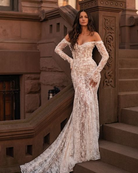 BERTA (@berta) • Instagram photos and videos Boho Outdoor Wedding Dress, Lace Off The Shoulder Wedding Dress, Nonwhite Wedding Dress, Long Sleeve Lace Mermaid Wedding Dress, Vintage Boho Wedding Dress, Long Sleeve Wedding Dress Lace Mermaid, Mermaid Lace Wedding Dress, Clothing Organization, Dress Reference