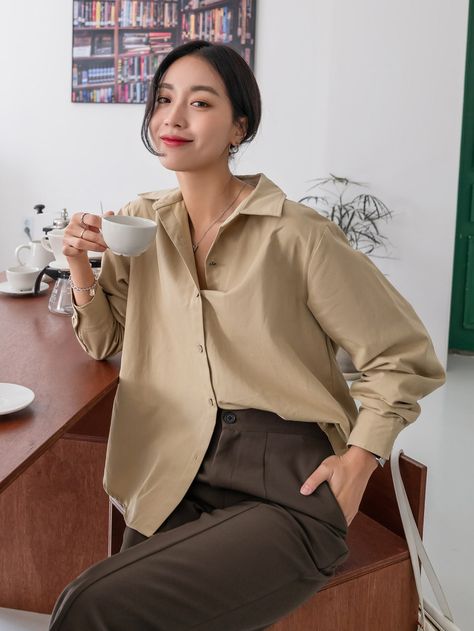 Khaki Casual  Long Sleeve Polyester Plain Shirt Embellished Non-Stretch Spring/Fall Women Tops, Blouses & Tee Khaki Blouse Outfit, Khaki Blouse, Plain Shirt, Women Blouses, Plain Shirts, Women Tops, Spring And Fall, Blouses For Women, Women's Blazer