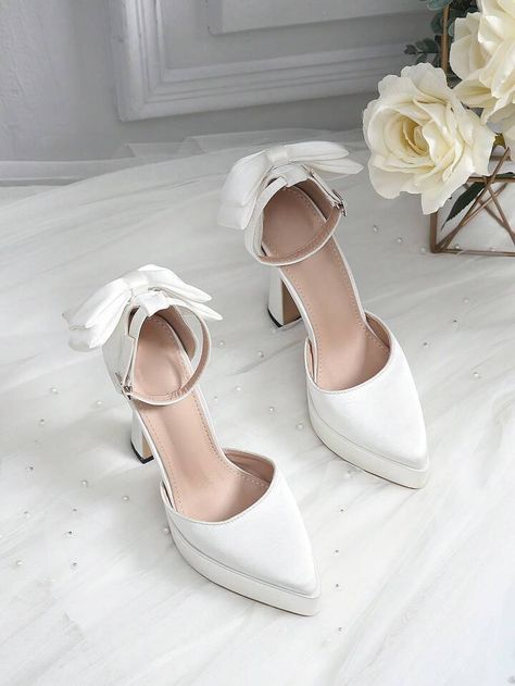 Women Bow Decor Point Toe Platform Pyramid Heeled Ankle Strap Pumps, Wedding Outdoor Satin Pumps | SHEIN USA Bridal Heels Platform, White High Heels Wedding, Bride Heels Wedding, Shein Wedding, Satin Wedding Heels, Wedding Heels Brides, Platform Bridal Shoes, Platform Wedding Shoes, Simple Wedding Shoes