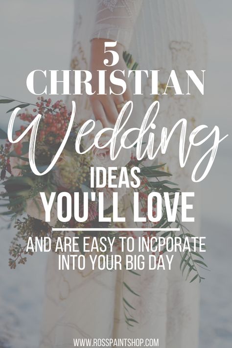 If you're planning a Christian wedding and want to incorporate faith into it, then these 5 Christian wedding ideas are perfect! From decor, to your guest book, to vows and more, these 5 ideas will allow your to add statement faith pieces into your big day without any extra stress. RossPaintShop.com #christianweddingideas #wedding #christian #weddingideas #weddingplanning Christian Guest Book Ideas, Christian Love Songs For Weddings, Christian Wedding Rituals, Christian Wedding Vows To Wife, Christian Wedding Ideas Ceremony Decor, How To Incorporate God Into Wedding, Christian Traditions Wedding, Gospel Centered Wedding, Boho Christian Wedding Decor