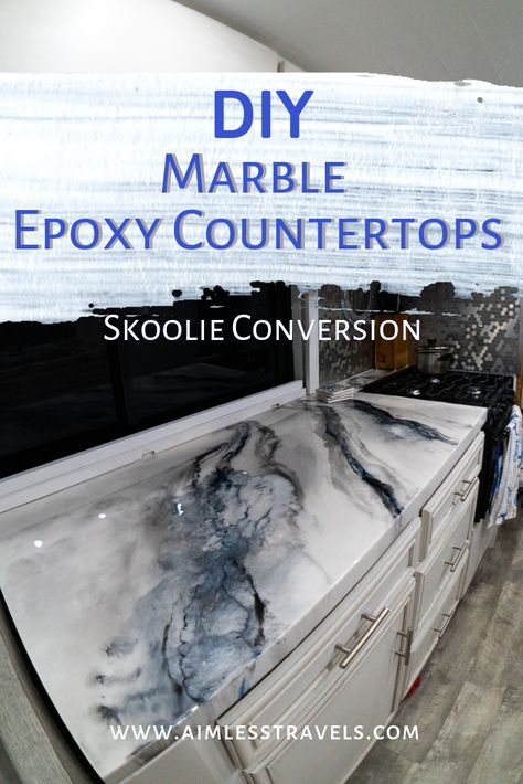 DIY Skoolie Epoxy Countertops - Aimless Travels Epoxy Tile Countertop, Apoxsee Countertops Diy, Navy Epoxy Countertop, Diy Epoxy Countertop Over Laminate, Epoxy Countertop Designs, Gray Epoxy Countertops, Blue Epoxy Countertop, How To Epoxy Countertops, Glitter Epoxy Countertop