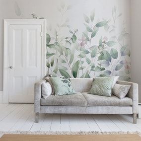 Wall Mural Wallpaper for Feature Walls | Dunelm Bamboo Mural, Green Mural, Leaf Mural, Watercolour Leaves, Calming Interiors, Plant Wallpaper, Loft Conversion, Wallpaper Size, Kitchen Plans