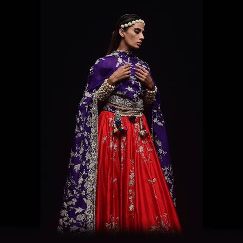 Look 30 #anamikakhanna #anamikakhanna Purple Indian Outfit, Red Indian Outfit, Lehenga Color Combinations, Indian Dress Up, Purple Lehenga, Lehenga Crop Top, Combination Dresses, Raw Silk Lehenga, Half Saree Lehenga