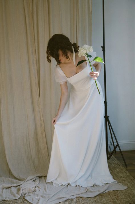 Modest Elopement Dress, Wedding Dress With Sheer Sleeves, Square Neck Wedding Dress, Simple Wedding Dress Casual, Short Sleeve Wedding Dress, Tailored Clothes, Organza Sleeves, Dream Wedding Ideas Dresses, Sleeve Wedding Dress