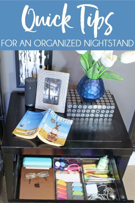 Organized Nightstand Drawer - Use nightstand drawer organizers to clear the clutter and keep your bedside table organized. Nightstand Top Organization, Top Of Nightstand Organization, Organized Nightstand, Nightstand Drawer Organization, Books Organization, Bedroom Dresser Organization, Bedroom Drawer Organizer, Bedside Table Organization, Nightstand Drawer