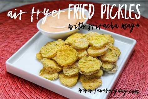 Air fryer fried pickles with sriracha mayo recipe! These are a great lighter alternative to regular fried pickles. Click or visit FabEveryday.com for the easy recipe and cooking tips. Pin this one to your air fryer recipe board! #airfryer #recipe #easyrecipe #dillpicklechips #cookinglight #healthycooking #sidedish #sriracha Air Fryer Fried Pickles, Deep Fried Pickles, Fried Pickles Recipe, Dill Pickle Slices, Dill Pickle Chips, Pickle Chips, Pickle Slices, Fried Pickles, Mozzarella Sticks