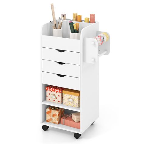 This rolling storage cart is an ideal choice for home and office that need storage and organization space. This storage cart is a great option to clear clutter in any rooms with limited storage space. Equipped with 4 flexible casters, this portable cart can move anywhere easily. 2 lockable casters allows you to stop the cart in anywhere you want. Craft Storage Cart, Rolling File Cabinet, Craft Cart, Ribbon Storage, Office File Cabinets, Rolling Storage Cart, Shelves White, Freestanding Storage, Utility Storage