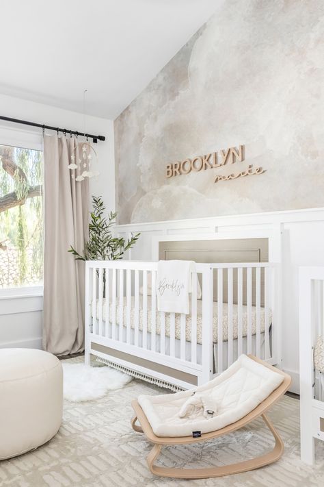 A Twins Neutral Nursery Design Reveal - Little Crown Interiors Closet Nursery, Nursery Design Neutral, Modern Baby Room, Baby Room Closet, Room Murals, Beige Nursery, Cozy Baby Room, Baby Nursery Inspiration, Wallpaper Kids