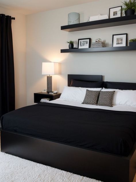 Classy Room Decor, Black Accent Wall, Vibrant Bedding, Brown Bedroom Decor, Mens Room Decor, Railing Designs, Classy Room, Black Bedroom Decor, Shelf Decor Bedroom