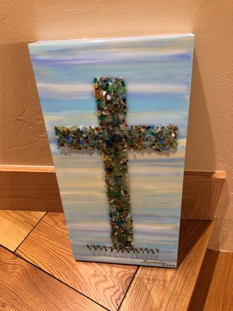 "TITLE: Crushed Glass Cross - Crushed Glass Art - Made to Order Designs by Kimberly* WELCOME to my Contemporary Art Studio, where I use multiple mediums; combining canvas, acrylic paints, Crushed Glass and resin, as well as other mediums, to create colorful art pieces. ABOUT THIS PIECE: This piece is made with a gallery wood panel, painted with acrylic paints, embellished with crushed glass and beads (multiple colors), metal, curled pieces, finished with UV resin. SIZE: 10\"x 20\"x 1.5\" MADE TO Crushed Glass Crafts, Crushed Glass Art On Canvas, Crushed Glass Resin Art, Resin Glass Art, Shattered Glass Art, Cross Art Painting, Crushed Glass Art, Angel Pics, Beaded Canvas