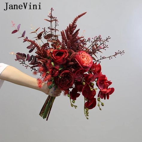 Wedding Bouquets Maroon, Red Wedding Flowers Bouquet, Autumn Wedding Bouquet, Orchids And Roses, Red Eucalyptus, Christmas Wedding Flowers, Chrysanthemum Bouquet, Silk Flower Wedding Bouquet, Small Wedding Bouquets