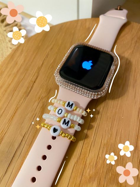 Apple Watch Band Charms Diy, Watch Accessories Bracelets, Diy Watch Charms, Apple Watch Beads, Apple Watch Stack, Apple Watch Bracelet Stack, Diy Apple Watch Band, Apple Watch Charms, Beaded Watches Bracelet