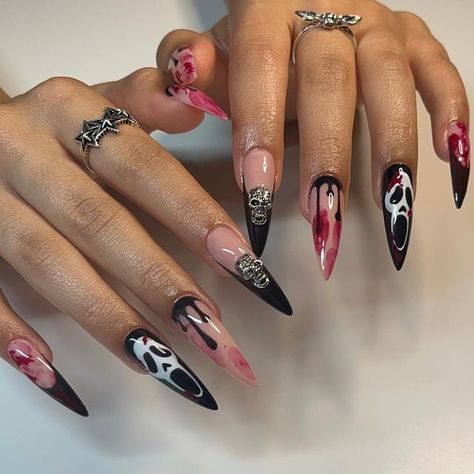 Halloween Nails Long Almond, Halloween Ghost Face Nails, Hawollen Nails, Spooky Nails Short Square, Long Almond Halloween Nails, Ghostface Halloween Nails, Ghost Face Nail Designs, Spooky Nails 2023, Ghostface Nail Designs