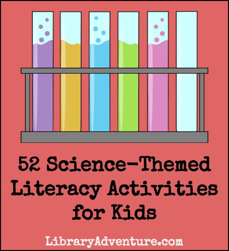 52 Science-Themed Literacy Activities for Kids {with Printable Deck of Cards} (LibraryAdventure.com) Librarian Ideas Activities, Science Fiction Activities, Science Experiments Based On Books, October Science, Library Passive Programs For Kids, Scientist Books For Kids, Library At Home, Pre-k Science, Car Activities