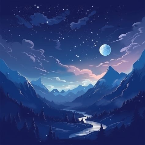 Night Clouds Drawing, Cloud Night Sky, Star Night Illustration, Drawing Stars Sky, Night Sky Reference, Moon Landscape Drawing, Night Mountain Painting, Moon Night Drawing, Night Landscape Illustration