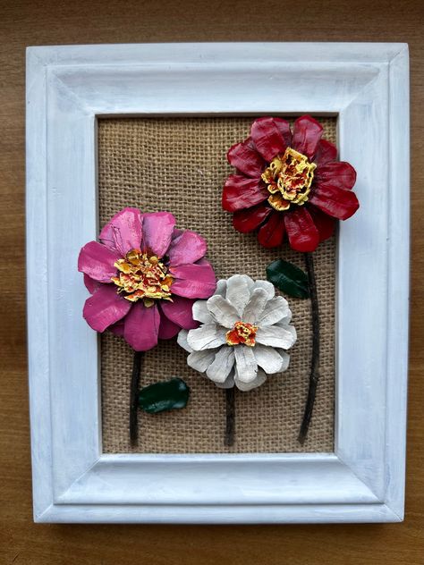 Pinecone Flowers Diy, Painted Pinecones Flowers, Pinecone Painting, Pinecone Art, Burlap Wall Art, Painted Tin Cans, Pinecone Flowers, Central Washington, Natural Ornaments