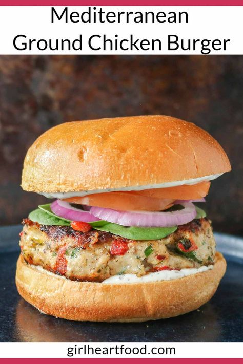 When you're craving a homemade burger, why not try these Mediterranean ground chicken burgers? They're juicy, delicious and absolutely packed with yummy ingredients (like feta, roasted red peppers and herbs). They're such a satisfying meal to enjoy any day of the week! Mediterranean Chicken Burgers, Ground Chicken Burger Recipes, Chicken Burgers Ground, Chicken Burgers Healthy, Spinach Feta Chicken, Grilled Chicken Burgers, Turkish Chicken, Ground Chicken Burgers, Homemade Burger