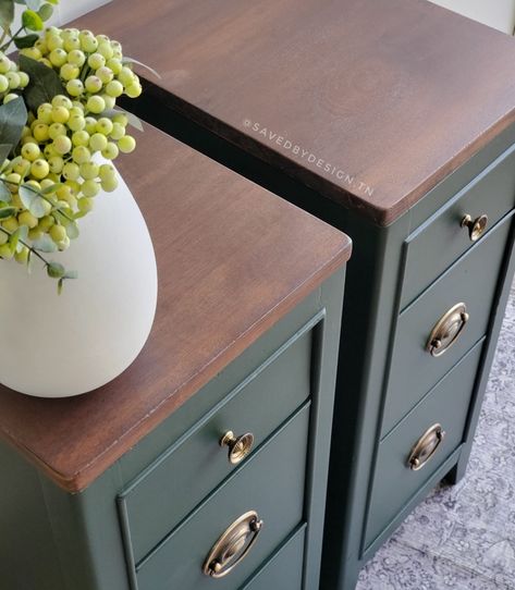 Forest Green Nightstand, Desk To Nightstand, Dark Green Nightstands, Desk Into Nightstand Bedside Tables, Bedside Table Color Ideas, Green Bedside Table Ideas, Desk Turned Into Nightstands, Bed Side Table Refurbish, Desk To Nightstand Diy