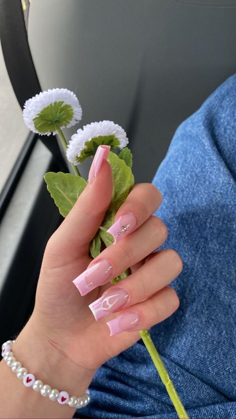 Pink Nails With Diamonds, Nails Heart, Cross Nails, Anime Nails, Beige Nails, Short Square Nails, Dope Nail Designs, Diamond Nails, Pink Acrylic Nails