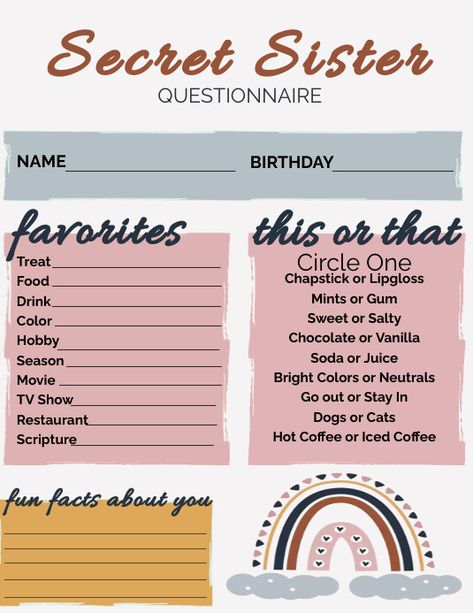 Secret Sister Questionnaire Free Printables, Secret Sister Questionnaire, Santa Questionnaire, Secret Friend, Questionnaire Template, Secret Sister, Kindle Book Cover, Secret Sisters, Fun Facts About Yourself