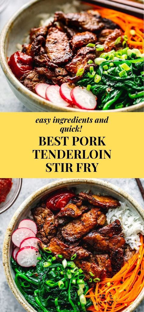 Best Pork Tenderloin Stir Fry (Asian Bowl) | Posh Journal! Amazing flavor, quick, affordable!!! Can't go wrong with this meal! #asianrecipes #porkrecipes #porktenderloin #porktenderloinrecipes #stirfry #asianbowl Best Pork Tenderloin, Asian Stir Fry Sauce, Easy Pork Tenderloin Recipes, Asian Pork Tenderloin, Asian Bowl, Easy Pork Tenderloin, Pork Stir Fry Recipes, Asian Bowls, Recipe Cheesecake