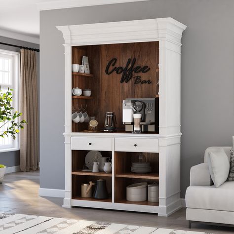 Visually stunning and incredibly functional, our Cambuslang Solid Wood 2 Tone White Coffee Bar Hutch Cabinet will transport you to a world of cozy ambiance and countryside aura. Entirely handcrafted from the finest solid wood, this clean-lined hutch cabinet boasts a magical 2-tone outlook that combines the rustic elements and natural character of the solid wood with a gorgeous white finish. Exuding timeless elegance and sophistication, this visually powerful piece features multiple storage optio Coffee Bar Out Of China Cabinet, Black Coffee Hutch, Coffee Bar Entertainment Center, Wardrobe Coffee Bar, Coffee Room In House, Coffee Station Hutch, Coffee Bar In Living Room, Hutch Makeover Coffee Bar, Hutch Bar Ideas