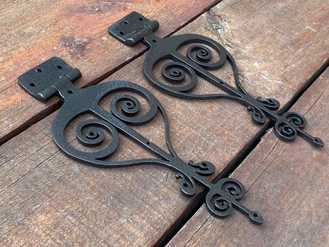 Hinges, strap hinge, viking, gate hinge, Christmas, birthday, door handle, medieval, antique, anniversary, door, DIY, hardware, iron gift Are you looking for unusual hinges?  Here is a set of two functional door/gate hinges made in the technique of the artistic forging.    Size (of a hinge part which goes on a door):  length: 20 cm (7.88") height: 10.5 cm (4.14") Colour: black. The listing price is given for a set of two hinges, no screws go.  Colors may vary slightly from screen to screen. Ther Hinges Diy, Front Door Hardware, Birthday Door, Iron Hinges, Iron Gifts, Gate Hinges, Door Diy, Strap Hinges, Forging Metal