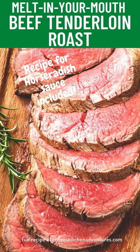 Melt-in-your-mouth Beef Tenderloin Roast by Renee's Kitchen Adventures is an easy to prepare special occasion roast perfect for a holiday meal. People are raving about this easy roast that comes out so tender. Tenderloin Recipes Oven, Beef Tenderloin Roast Recipes, Filet Mignon Roast, Roasted Beef Tenderloin, Best Dinners, Beef Tenderloin Recipe, Whole Beef Tenderloin, Easy Roast, Beef Tenderloin Recipes