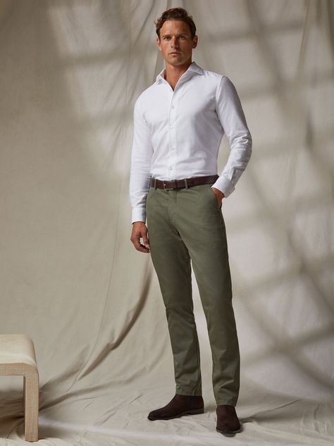 Shop by Look: Explore Contemporary Looks this Season | Luca Faloni Men's Winter Outfits, Chinos Men Outfit, Tucked In Shirt, Green Pants Men, Brown Suede Chelsea Boots, Layering Essentials, Khakis Outfit, Green Pants Outfit, Chelsea Boots Outfit