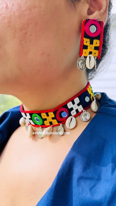 Buy Handmade Mirror Coin Fabric Square Choker Necklace Set With Earrings,garba Choker Set,navratri Jewelry,bohemian Jewelry,desi Jewels Online in India - Etsy Safety Pin Jewelry Patterns, Thread Diy, Pink Diamond Jewelry, Hand Embroidered Jewelry, Beads Fabric, Diy Jewellery Designs, Diy Fabric Jewellery, Necklace Set With Earrings, Handmade Mirror