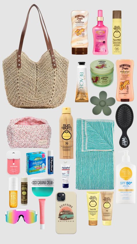 Beach bag Beach Essentials Aesthetic, Beach Necessities, Florida Room, Hawaiian Tropic, Gift Inspo, Wet Brush, Face Mist, Summer Glow, Beach Essentials