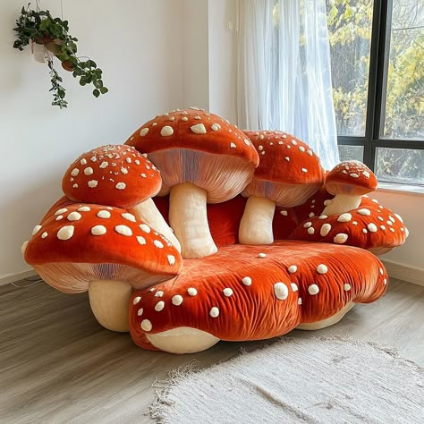 The Fungi Couch is a whimsical, mushroom-inspired piece with a plush, rounded design and soft, velvety upholstery. Its base mimics a mushroom stem, blending nature and comfort into a cozy, eye-catching addition to any space. Conceptual AI Art Follow @ecosapiens for more! Mushroom Furniture Design, Diy Mushroom Chair, Mushroom Couch, Mushroom Furniture, Mushroom Stem, Moss Bed, Mushroom Room Decor, Couch Aesthetic, Mushroom Room