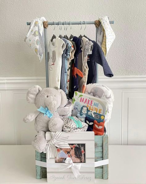 Baby Shower Gifts For Boys Creative, Baby Shower Crate Gift Basket For Boy, Baby Gift Basket With Hanging Clothes, Laundry Basket Baby Shower Gift Hanging, Baby Boy Gift Baskets Simply Unique Baby Gifts, Laundry Basket Baby Shower Gift Boys, Fancy Baby Shower, Jordan Baby Shower, Baby Shower Gift Box