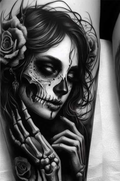 Sugar Skull Girl Tattoo, Art Chicano, Chicanas Tattoo, Catrina Tattoo, Skull Girl Tattoo, Girl Face Tattoo, Girls With Sleeve Tattoos, Kunst Tattoos, Sugar Skull Girl