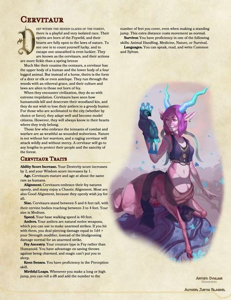 Different Fantasy Races, Cervitaur Character Design, Dnd Playable Races, Fantasy Races List, Dnd Races Homebrew, Dnd Faun, Fantasy Races Concept, Dnd Species, Homebrew Races