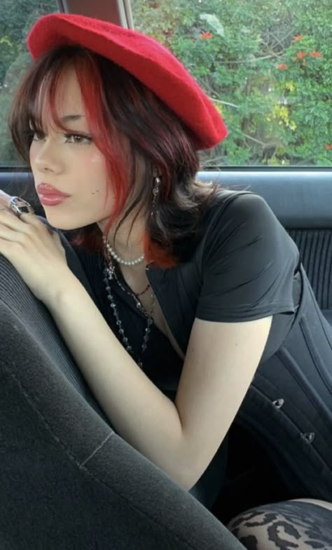 Red Halo Hair, Red Hair Streaks, Underdye Hair, Red Hair Trends, Short Dyed Hair, Black Red Hair, Short Red Hair, Layered Hair With Bangs, Short Grunge Hair